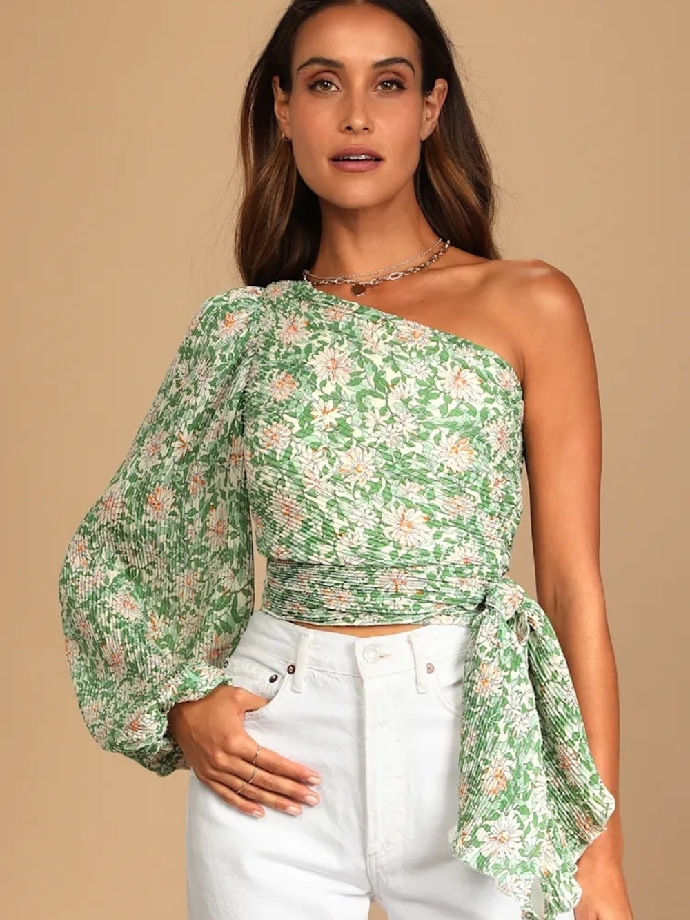 Lulus Grow Toward Love Green Floral Print Pleated One-Shoulder Top